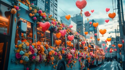 Buses decorated with flowers and heart-shaped balloons in a city. Ideal for celebration, romance, and urban themes.