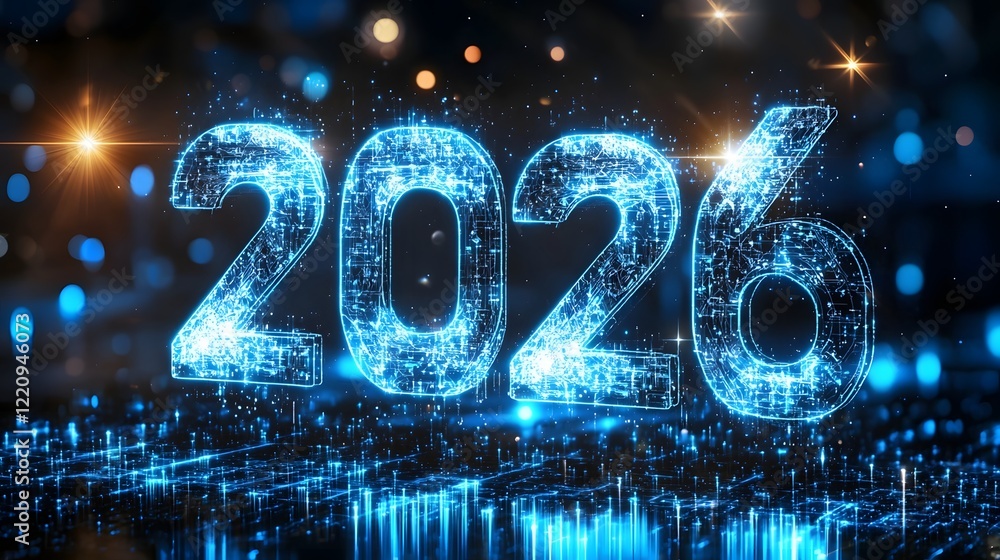 Poster Dazzling 2026 New Year Concept with Neon Typography and Futuristic Digital Design  Dynamic and sleek representation of technology driven business strategies and ambitious goals for the future