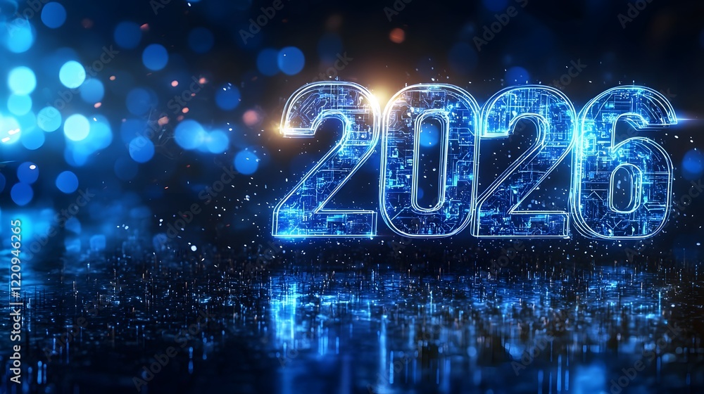 Poster sleek and stylish 2026 new year design featuring bold neon typography high tech visual elements and 