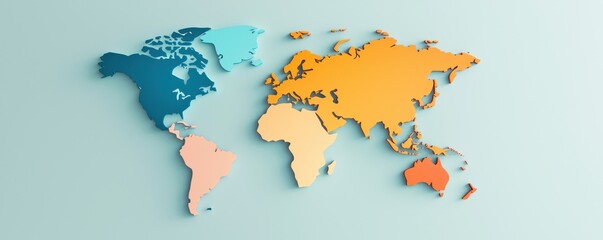 Obraz premium A colorful, stylized world map depicting continents in distinct sections, showcasing geographical representation on a light background.
