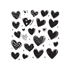 black silhouette Vector hand-drawn childlike doodle heart icon set. Black stroke on white background.