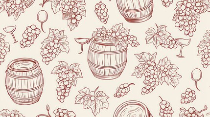Elegant Wine Barrel and Grape Seamless Pattern