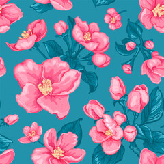 Seamless pattern with hand drawn sketch of pink Apple tree flowers. Vector illustration of spring Apple flowers, buds and leaves. Botanical colored drawing of blossom isolated on a blue background