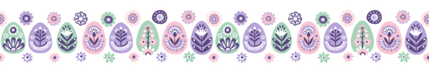 Seamless Scandinavian Easter Pattern with Decorated Eggs and Flowers