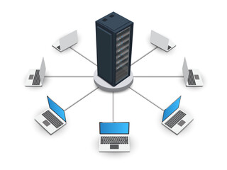 Laptop connected to server, computer networking concept.