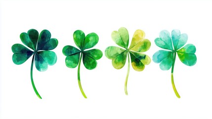 Set of four water - colored four - leaf clovers in different shades of green and blue, isolated on a white background, symbolizing luck and good fortune. St. Patrick theme.