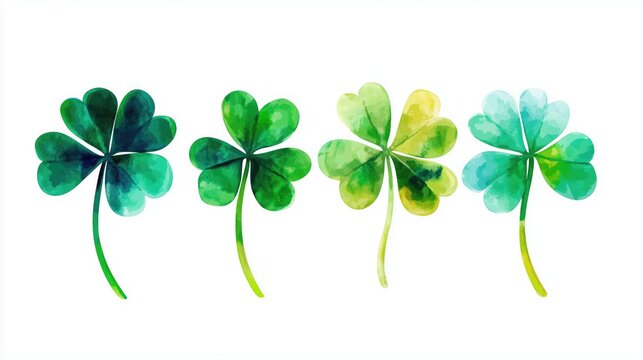 Set of four water - colored four - leaf clovers in different shades of green and blue, isolated on a white background, symbolizing luck and good fortune. St. Patrick theme.