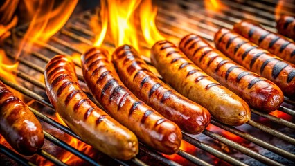 Juicy Hot Dogs Sizzling on Grill - Close-Up Aerial View