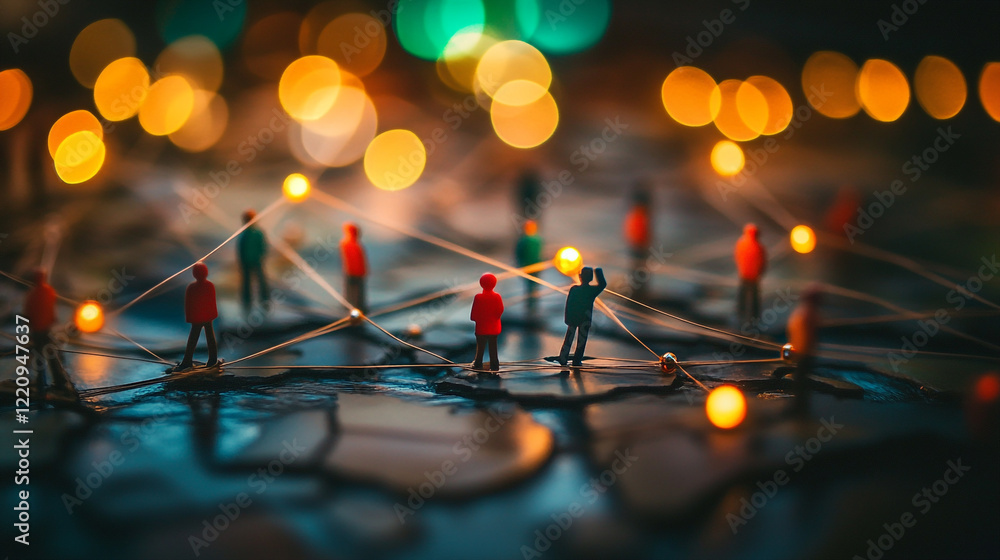 Aufkleber miniature figures create connections in a network illuminated by soft lights