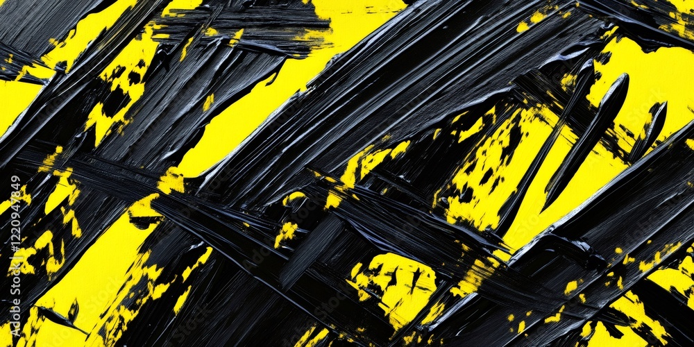 Poster Black brush strokes creating dynamic lines over a vibrant yellow background, forming an abstract expressionist composition with contrasting colors and textures
