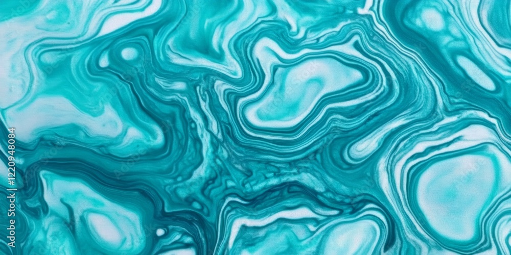 Poster paint swirling in turquoise and white, creating dynamic abstract waves with smooth gradients and ric