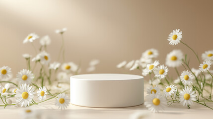 White circular podium surrounded by chamomile on a soft beige background.