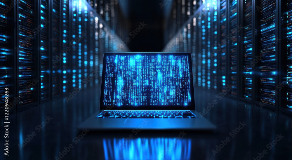 Poster glowing blue binary code on laptop in a dark server room with illuminated shelves