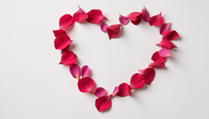 Heart shape made of vibrant pink petals on a clean white surface, symbolizing love and romance