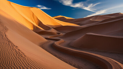 Golden Sand Dunes Under Vibrant Blue Sky With Winding Trails