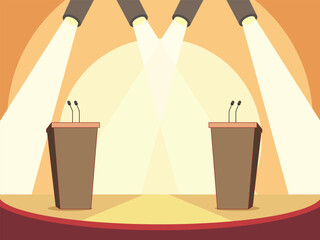 Stage with bleachers. Empty pedestal with microphones, interview and political debate equipment, award ceremony stage. Public speech audience. Cartoon flat style isolated vector concept