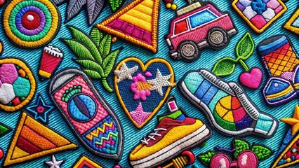 Fototapeta premium Retro 80s 90s Fashion Patches: Trendy Flat Line Style Emblems & Badges - Low Light Photography