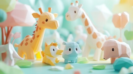 Fototapeta premium Low poly pastel animals with two giraffes a fox a hippo and a sheep in soft light