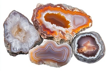 Obraz premium Vibrant agate assortment showcasing exquisite patterns and colors set against a pristine white backdrop for artistic exploration