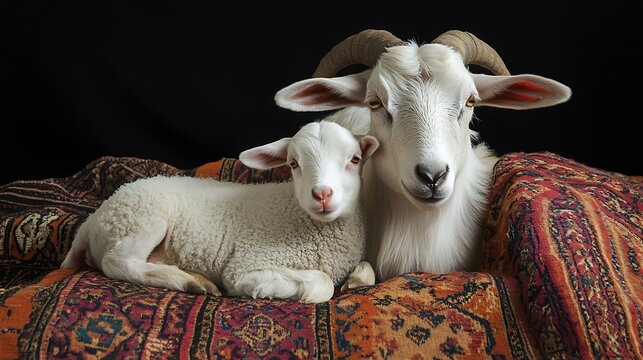 Two goats rest on an oriental rug with a dark background