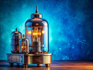 Obraz premium Retro Electronic Devices: Vintage Tech Gadgets and Components on a Blue Background