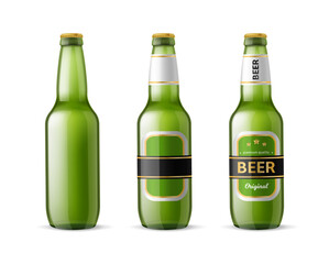 Realistic beer bottles. Green glass bottle, empty label. 3d container for alcoholic beverage. Brewery product. Premium quality lager. Cold drink, branding product mockup. Vector concept