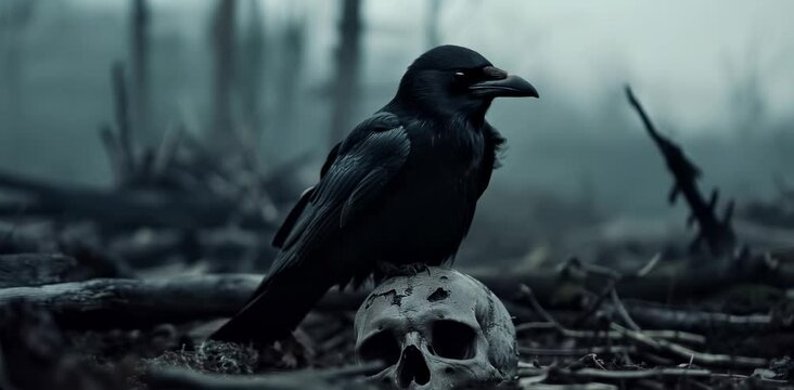 A lone black crow perches/stands on a skull in a haunting forest. The atmosphere is thick with mist and shadows, with fallen logs and remnants of nature scattered around, creating a creepy/scary vibe.