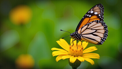 Fototapeta premium Monarch butterfly resting on vibrant yellow flower in a soft blurred garden background