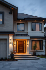 Luxury Modern House Exterior at Night.  Stunning Contemporary Home Design with Elegant Facade and Landscaping