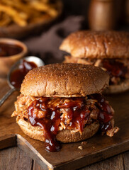 Barbeque pulled chicken sandwiich on whole wheat bun