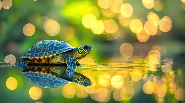Close-up of a vibrant turtle resting on a serene water surface with a bokeh background