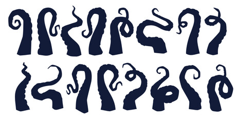 Octopus tentacle silhouette set. Marine monster black element. Kraken legs, gigantic fish, Cthulhu squid, decorative collection. Seafood stickers, animals mascot. Vector isolated illustration © YummyBuum