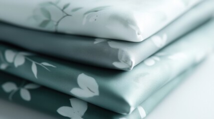 A stack of green and white fabric with flowers on it