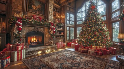 Christmas tree with a fireplace and presents around i