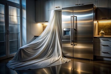 Long Exposure Photography: White Sheet Draped on Refrigerator Door at Night