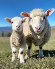 Obraz premium A fluffy lamb standing next to its mother in a green pasture under a clear blue sky