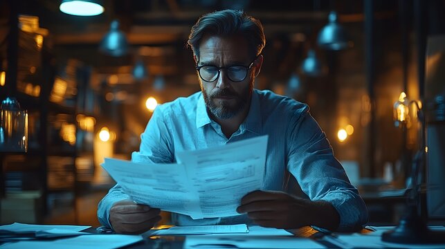 Insurance adjuster in a modern office surrounded by documents and digital tools for claim evaluation, 8K detailed 3D animation render,