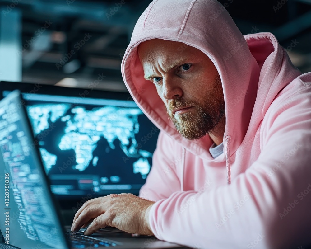 Aufkleber a person with a pink hoodie is shown intensely focused on a laptop a complex interface appears to be