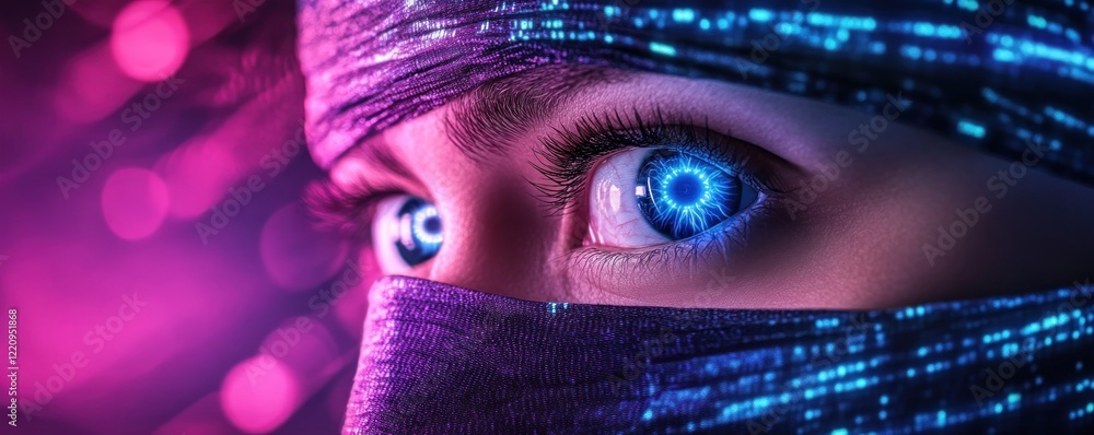 Poster a mysterious figure with piercing blue eyes is depicted in a technologically advanced setting, hinti