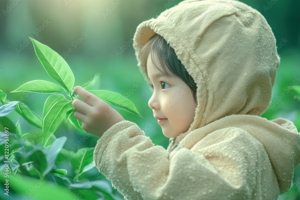 Poster a small child in a yellow hooded jacket is exploring the green leaves of a plant this image of natur