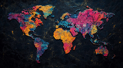 Colorful world map illustration in vibrant hues on a dark textured background