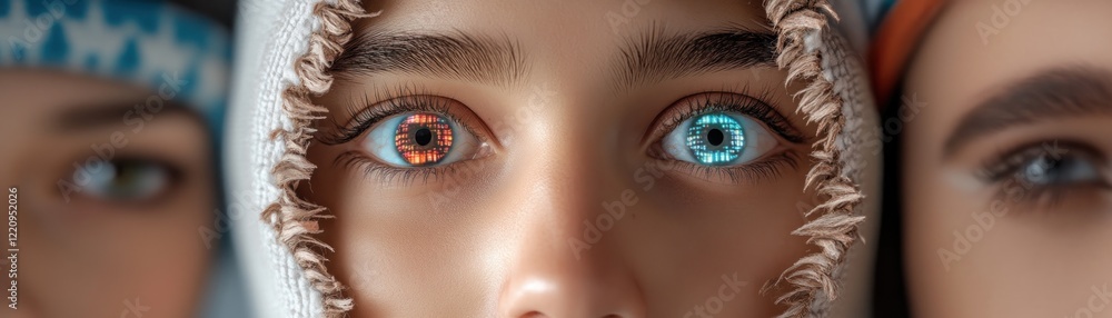 Aufkleber captivating closeup of three individuals, each with digitally enhanced eyes a digital globe spinning