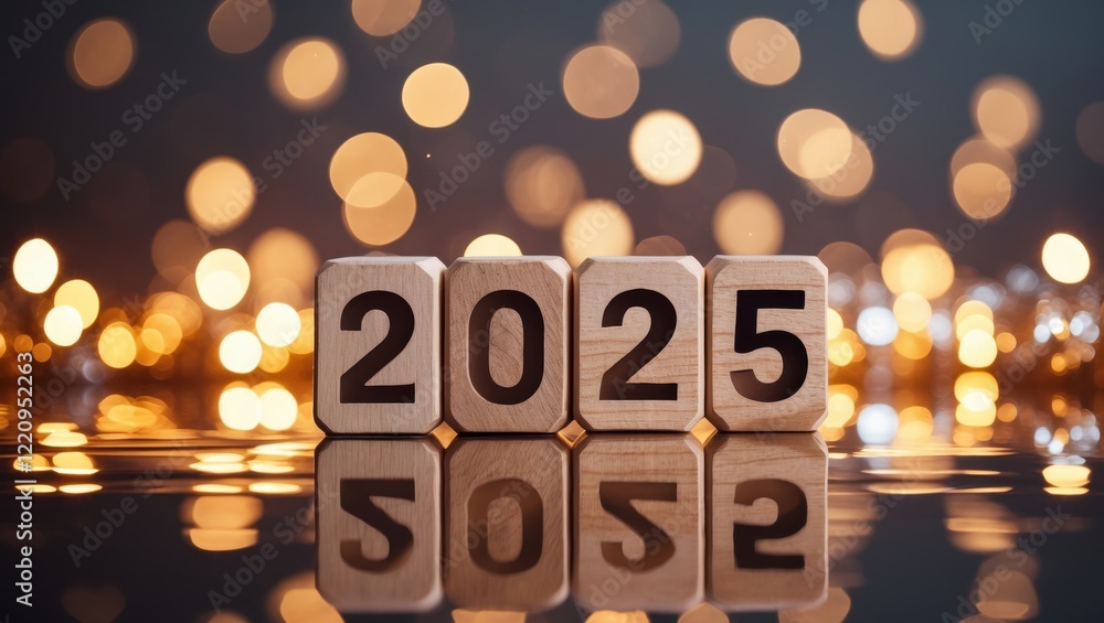 Poster a reflective display of wooden blocks showing the year 2025, set against a backdrop of shimmering go