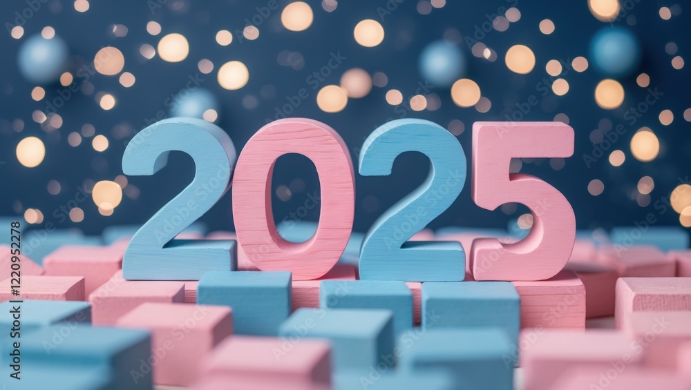 Poster a colorful representation of the year 2025, featuring pink and blue blocks against a backdrop of sof