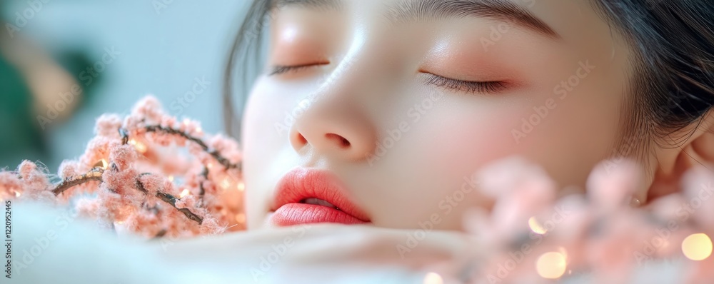 Poster dreamy portrait discover the beauty of sleeping with gentle glowing lights, a serene image with mini