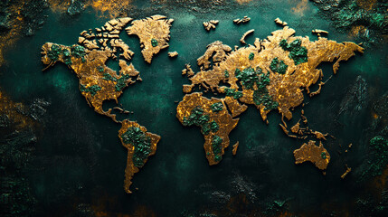 Detailed golden textured world map on a dark green background with realistic features