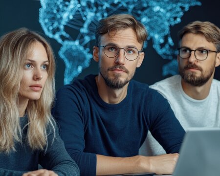 Enhance your business with team training on cybersecurity authentication awareness in a modern office setting Observe a diverse team engaged in a presentation, learning about crucial authentication