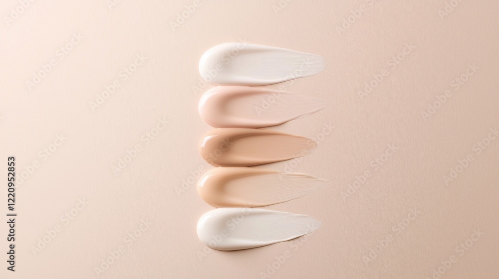 Poster a row of five different shades of foundation are displayed on a white background