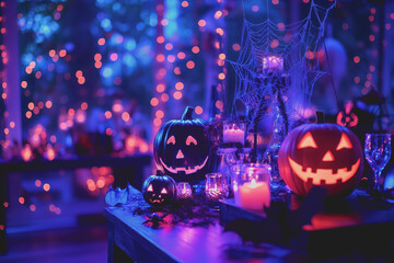 Fototapeta premium Halloween party with lights, ribbons, and candles. Party atmosphere with bats and pumpkins.