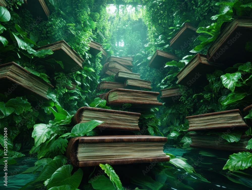 Poster explore a captivating ethereal library, where floating books lead to glowing screens and vibrant vir
